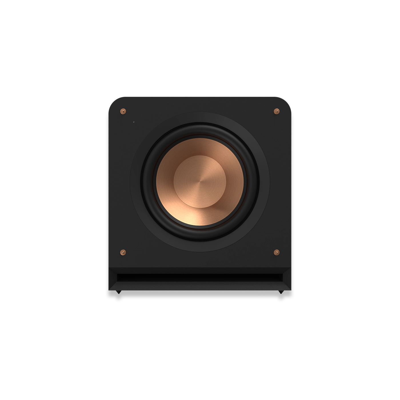 Subwoofer Klipsch RP-1200SW negru, vedere frontală, cu difuzor de 12” din cupru și port bass reflex.