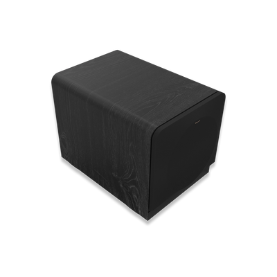 Subwoofer Klipsch RP-1200SW negru, vedere din unghi superior lateral stânga, grilaj frontal vizibil.