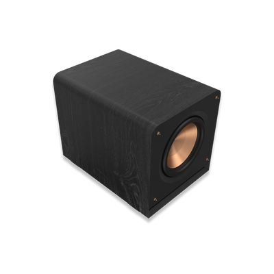 Subwoofer Klipsch RP-1200SW negru, vedere din unghi superior față-stânga, cu difuzor de 12" expus.