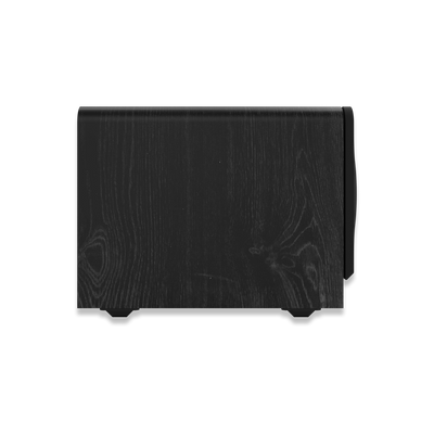 Vedere laterală subwoofer Klipsch RP-1200SW, finisaj negru cu textură lemn, carcasă MDF vizibilă.