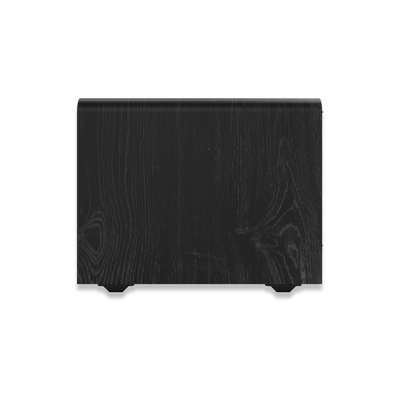 Vedere laterală a subwooferului Klipsch RP-1200SW, finisaj negru cu textură de lemn vizibilă.
