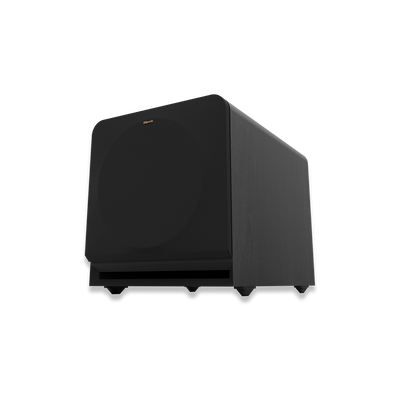 Subwoofer Klipsch RP-1200SW negru, vedere frontală laterală, grilaj frontal și port de bass vizibile.