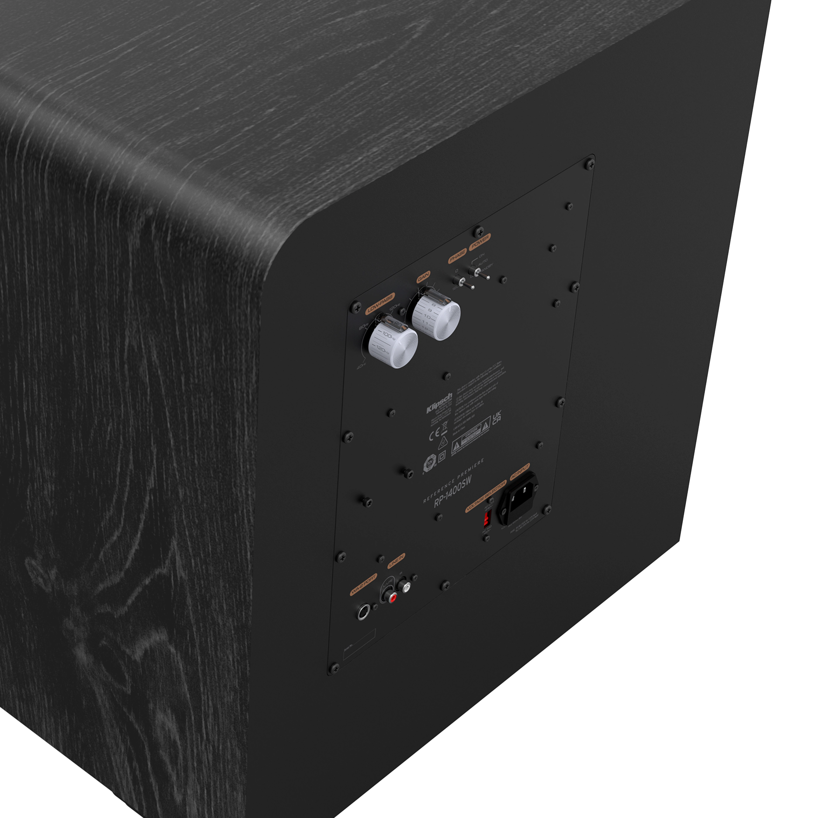 Subwoofer Klipsch RP-1400SW negru, vedere din spate în unghi, cu panou de control, reglaje și conexiuni RCA.