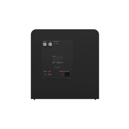 Spatele subwooferului Klipsch RP-1400SW negru, cu panou de control, port RCA, butoane și alimentare.