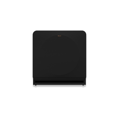 Subwoofer Klipsch RP-1400SW negru, vedere frontală, grilaj frontal montat și port bass reflex jos.
