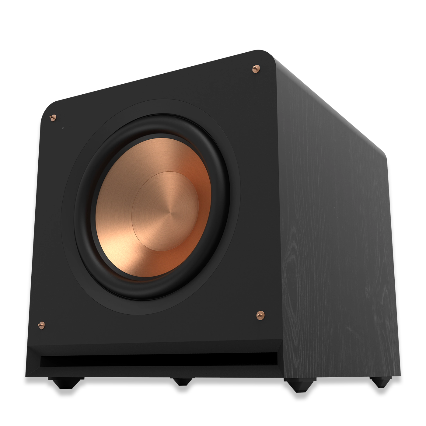 Subwoofer Klipsch RP-1400SW negru, vedere frontală din unghi jos, cu difuzor de cupru vizibil.