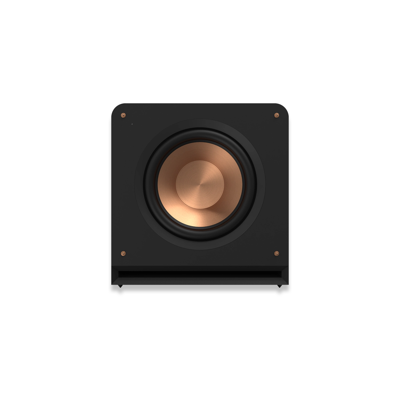 Subwoofer Klipsch RP-1400SW negru, vedere frontală, difuzor de 14" cu con din cupru și port bass reflex.