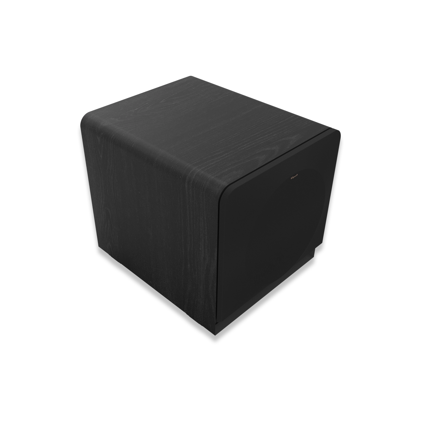 Subwoofer Klipsch RP-1400SW negru, vedere din unghi frontal-stânga, cu grilaj frontal vizibil.