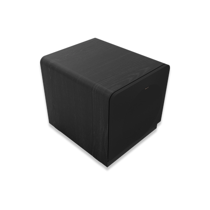Subwoofer Klipsch RP-1400SW negru, vedere din unghi frontal-stânga, cu grilaj frontal vizibil.