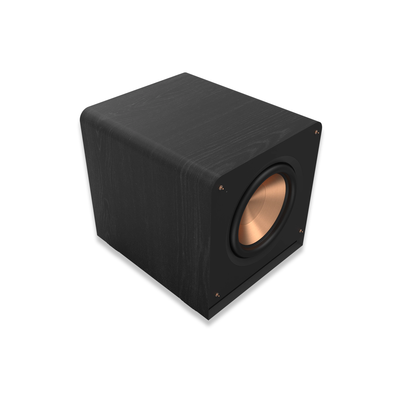 Subwoofer Klipsch RP-1400SW negru, vedere din unghi frontal-stânga, difuzor cu con din cupru expus.