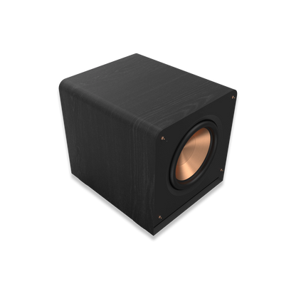 Subwoofer Klipsch RP-1400SW negru, vedere din unghi frontal-stânga, difuzor cu con din cupru expus.
