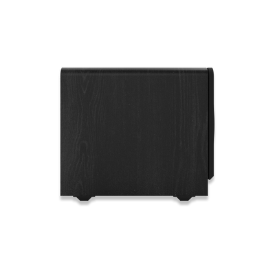 Subwoofer Klipsch RP-1400SW, vedere laterală stânga, finisaj negru texturat, carcasă din lemn MDF.