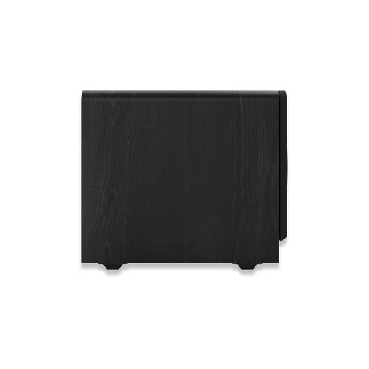 Subwoofer Klipsch RP-1400SW, vedere laterală stânga, finisaj negru texturat, carcasă din lemn MDF.