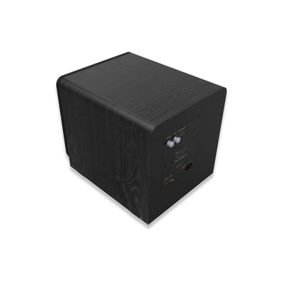 Subwoofer Klipsch RP-1000SW negru, vedere din spate-stânga, panou de control și porturi vizibile.