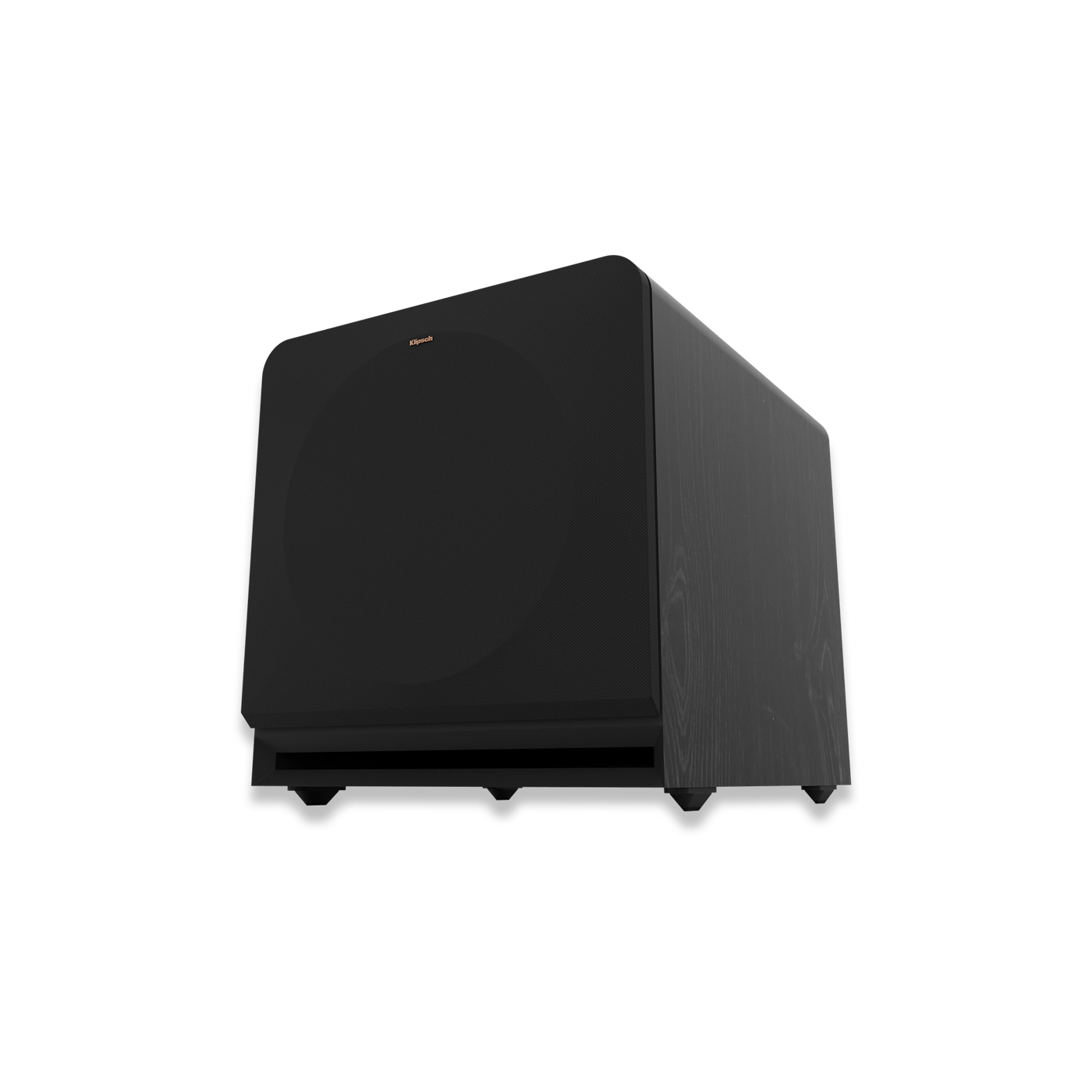 Subwoofer Klipsch RP-1400SW negru, vedere din unghi inferior frontal, grilaj frontal și port bass reflex.