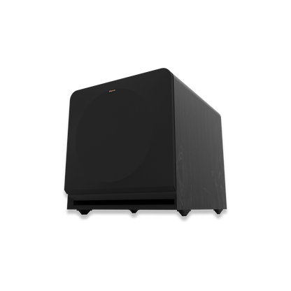 Subwoofer Klipsch RP-1400SW negru, vedere din unghi inferior frontal, grilaj frontal și port bass reflex.