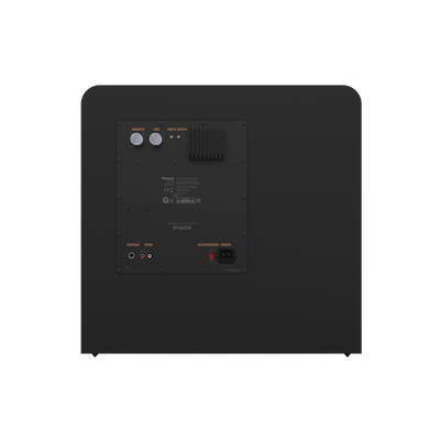 Spatele subwooferului Klipsch RP-1600SW negru, cu panou de control, intrări RCA și port alimentare.