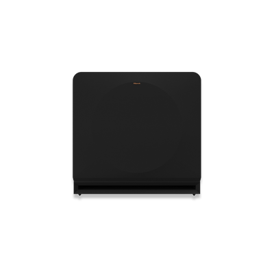 Subwoofer Klipsch RP-1600SW negru, vedere frontală, grilaj frontal montat și port bass reflex vizibil.