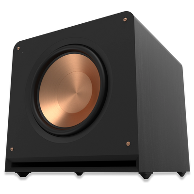 Subwoofer Klipsch RP-1600SW negru, vedere frontală din unghi, difuzor de 16" cu con din cupru vizibil.