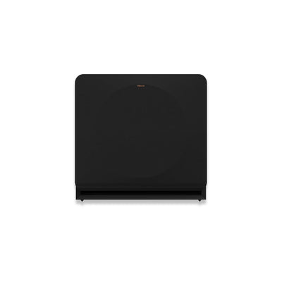 Subwoofer Klipsch RP-1000SW negru, vedere frontală cu grilaj textil montat și port de bass reflex jos.