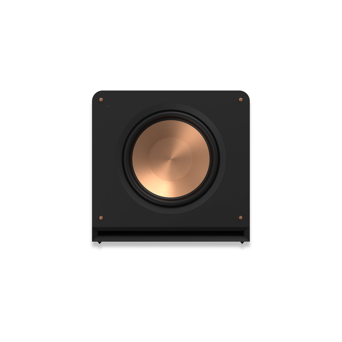 Subwoofer Klipsch RP-1600SW vedere frontală, finisaj negru, difuzor cu con de cupru de 16 inch vizibil.