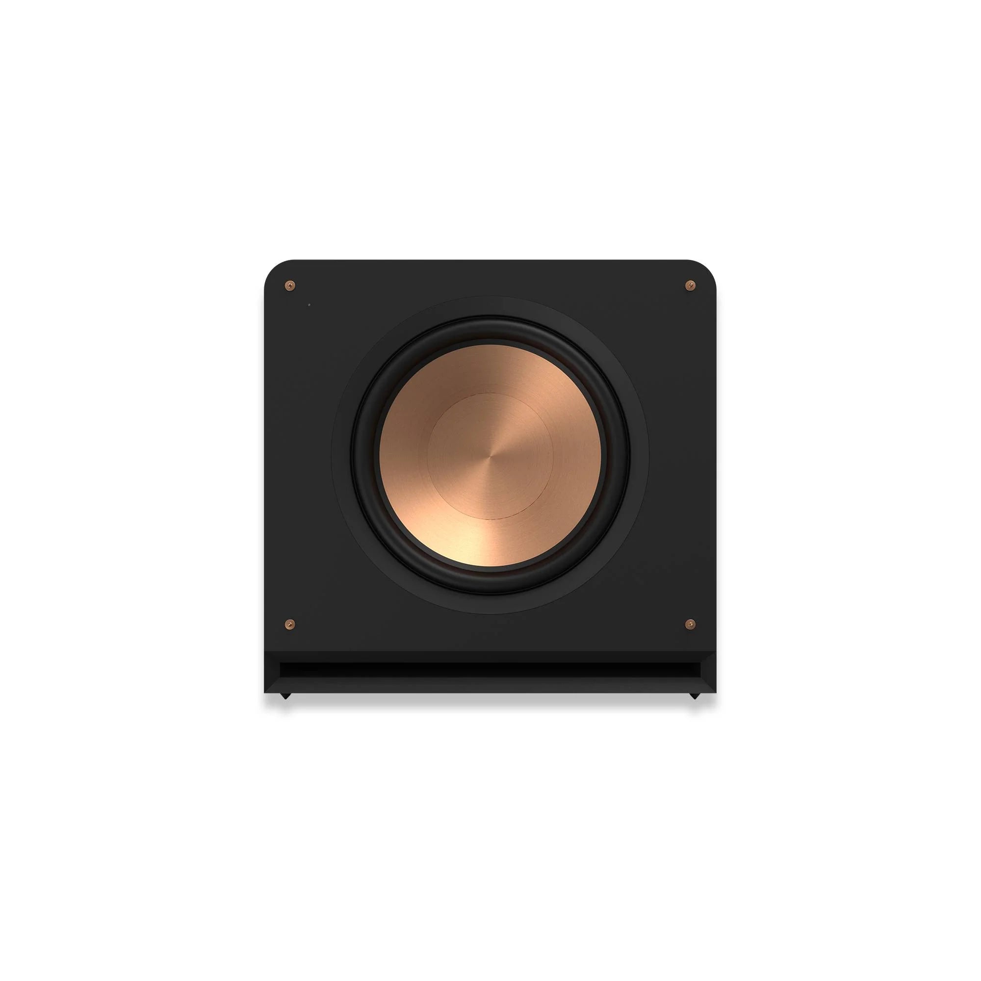 Subwoofer Klipsch RP-1000SW negru, vedere frontală cu difuzor de 10” cu con din cupru și port bass reflex.