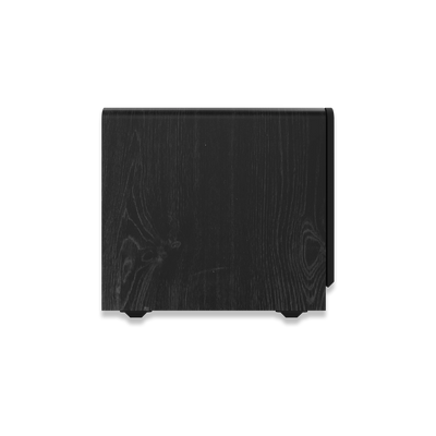 Vedere laterală a subwooferului Klipsch RP-1600SW, finisaj negru cu textură de lemn vizibilă.
