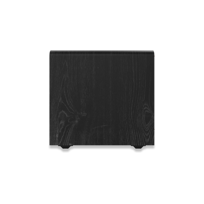 Vedere laterală a subwooferului Klipsch RP-1600SW, finisaj negru cu textură de lemn vizibilă.