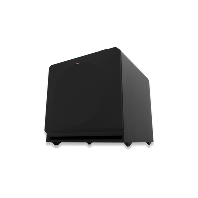 Subwoofer Klipsch RP-1600SW negru, vedere frontală din unghi jos, cu grilaj frontal și port bass reflex.