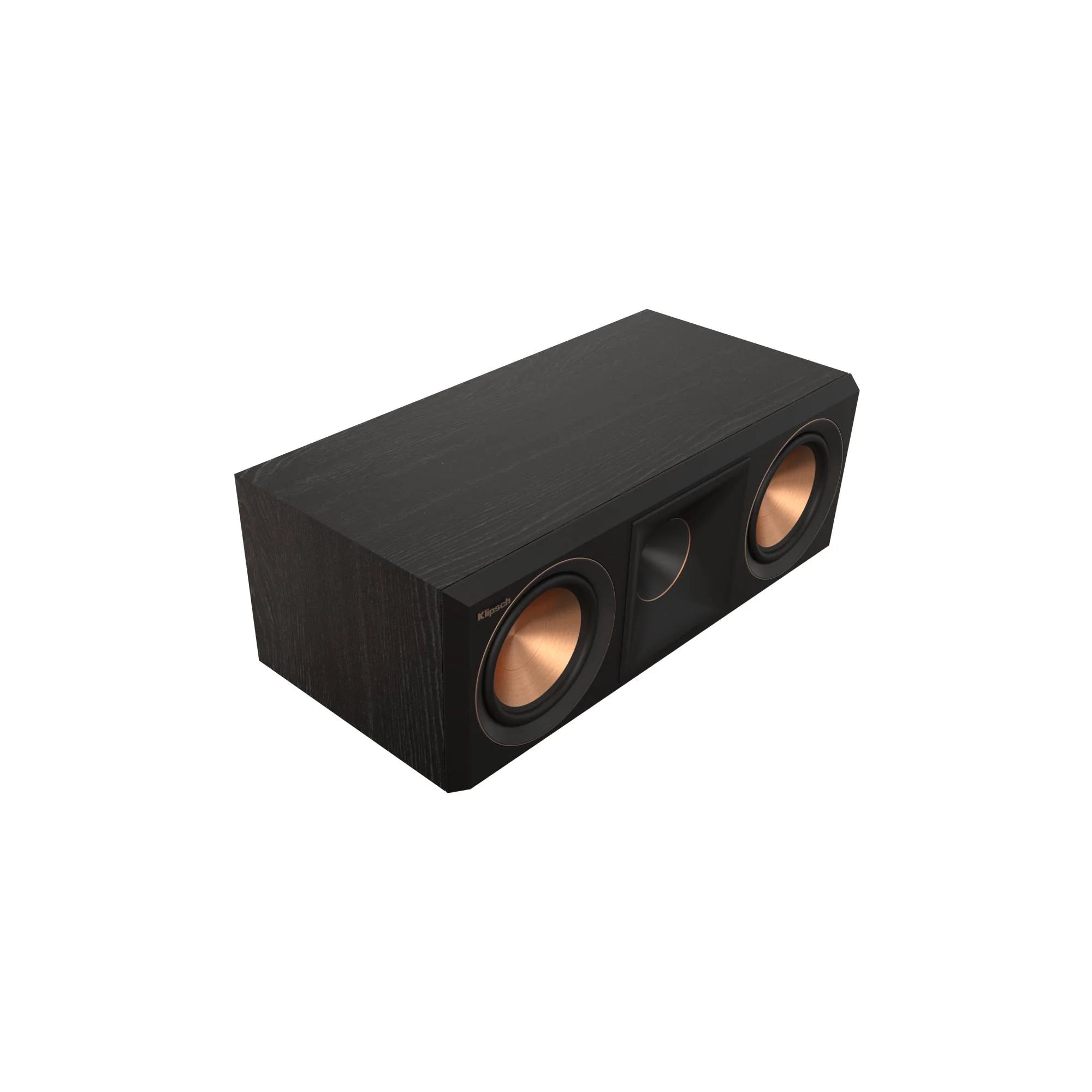 Boxă centrală Klipsch RP-500C II neagră, vedere unghiulară, grilă demontată, două woofere cu conuri cupru.
