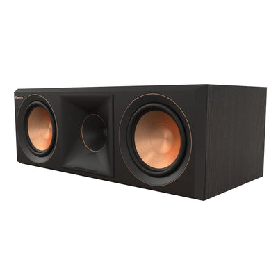 Boxa centru Klipsch RP-500C II neagră, vedere laterală-dreapta, cu două woofere cu con de cupru.
