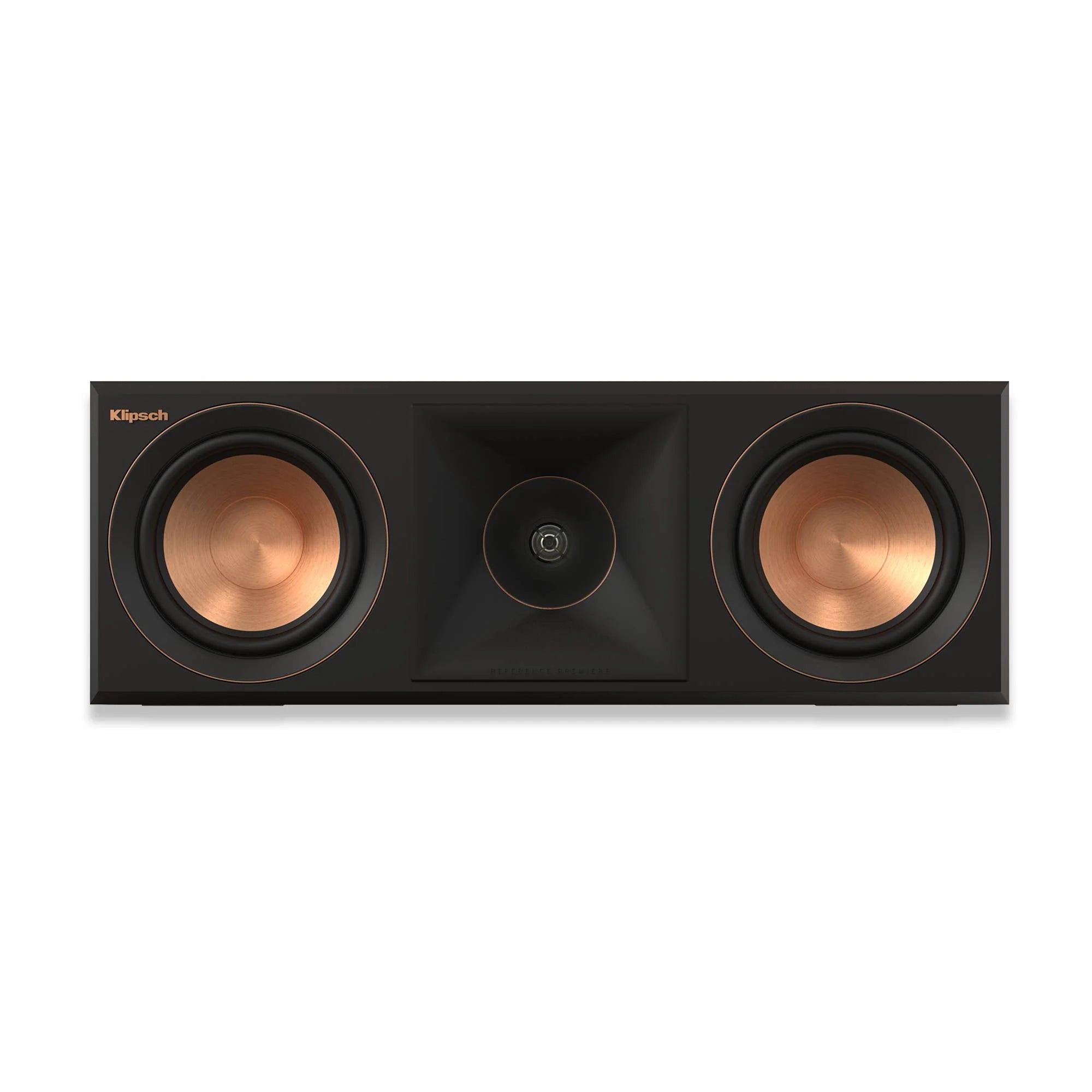 Boxa centru Klipsch RP-500C II vedere frontală fără grilă, cu două woofere cu con de cupru și tweeter central.