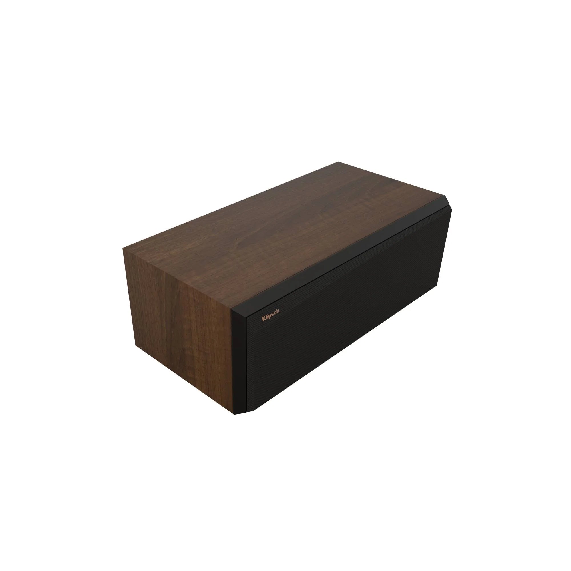 Boxă centru Klipsch RP-500C II culoare nuc, vedere frontală cu grilă montată, finisaj din lemn.