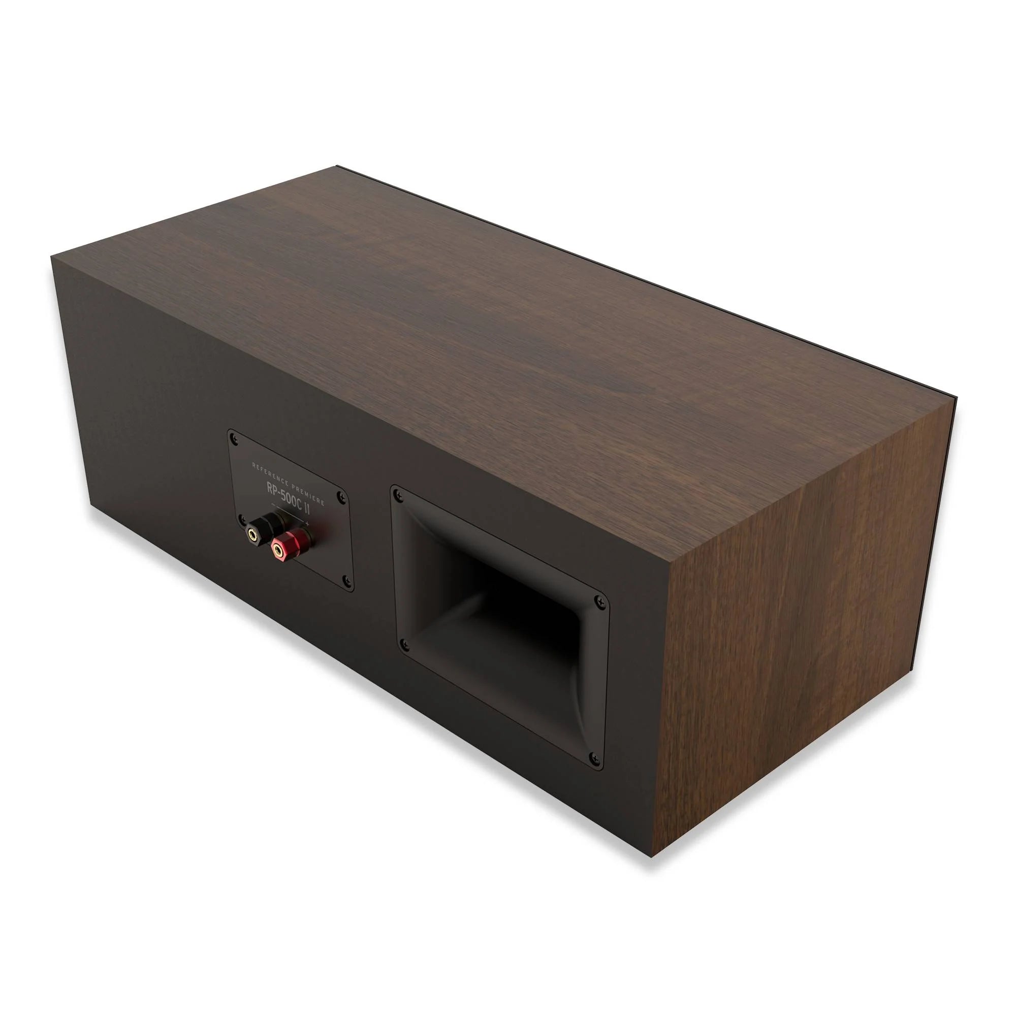 Klipsch RP-500C II boxă centru culoare nuc, vedere spate unghiulară cu port bass reflex și conectori audio.