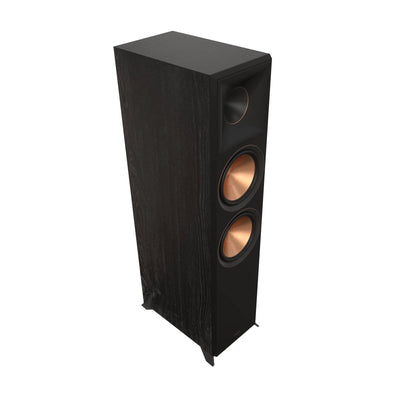 Boxă de podea Klipsch RP-8000F II neagră, vedere din unghi, cu grilele detașate, 2 woofere vizibile.