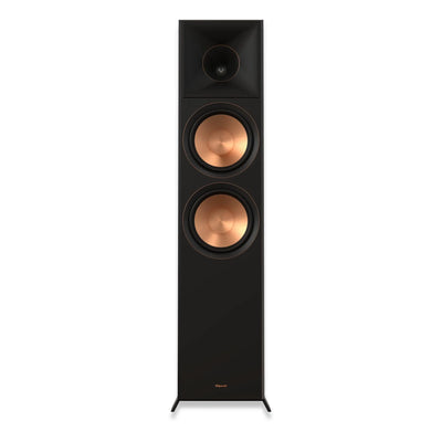 Boxă de podea Klipsch RP-8000F II neagră, vedere frontală cu două woofere de 8" și tweeter Tractrix.