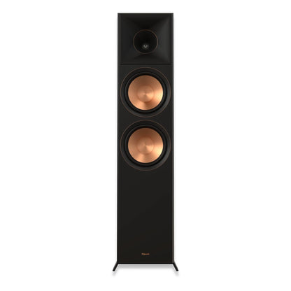 Boxă de podea Klipsch RP-8000F II neagră, vedere frontală cu două woofere de 8" și tweeter Tractrix.
