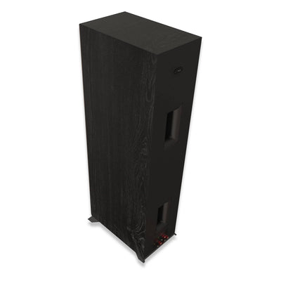 Boxa Klipsch RP-8000F II negru, vedere din spate, cu porturi bass reflex duble și conectori audio.