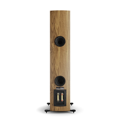 Spatele boxei Dali RUBIKORE 6 în finisaj natural walnut, cu porturi bass reflex și conectori de cablu vizibili.