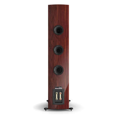 Boxa Dali RUBIKORE 8, vedere din spate, culoare maroon, cu trei porturi bass reflex și conectori audio.