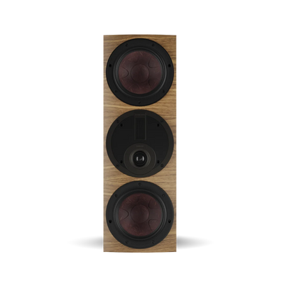Boxa Dali RUBIKORE Cinema LCR, față, culoare natural walnut, cu trei difuzoare vizibile pentru sunet clar.