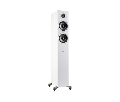 Polk Audio Reserve R500 boxă de podea albă, vedere din dreapta, cu două woofere și un tweeter vizibile.