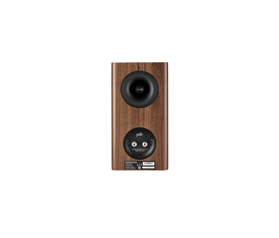 Spatele boxei Polk Audio Reserve R100 maro, arătând portul bass reflex și conectorii pentru cabluri.