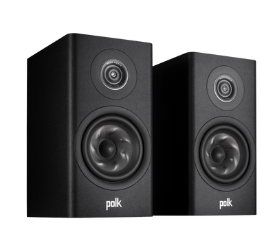 Polk Audio Reserve R200, negru, vedere din dreapta, difuzoare și logo vizibile, boxe de raft performante.