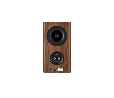 Polk Audio Reserve R200, vedere din spate, culoare maro, conectori de intrare și port bass reflex.
