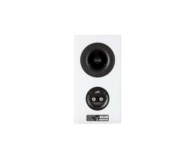 Spatele boxei Polk Audio Reserve R200 alb, arătând portul bass reflex și conectorii pentru cabluri.