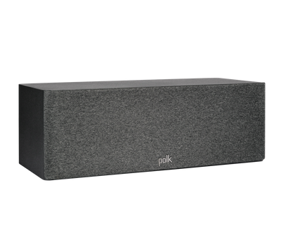 Boxa centru Polk Audio Reserve R300, negru, vedere din unghi dreapta, grilaj frontal vizibil.