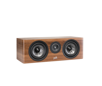 Polk Audio Reserve R300 Boxe centru, maro, vedere din unghi dreapta, două woofere și un tweeter central.