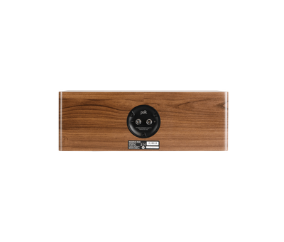 Spatele boxei centru Polk Audio Reserve R300, culoare maro, cu conectori și etichetă specificații vizibile.