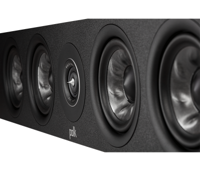 Polk Audio Reserve R350 Boxe centru, close-up negru, detalii difuzoare frontale vizibile.